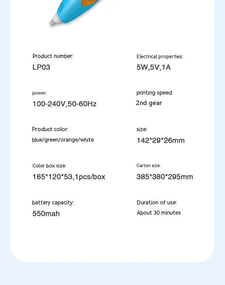 Wireless 3D printing pen for children in blue on white background, 142x29x26mm plastic design