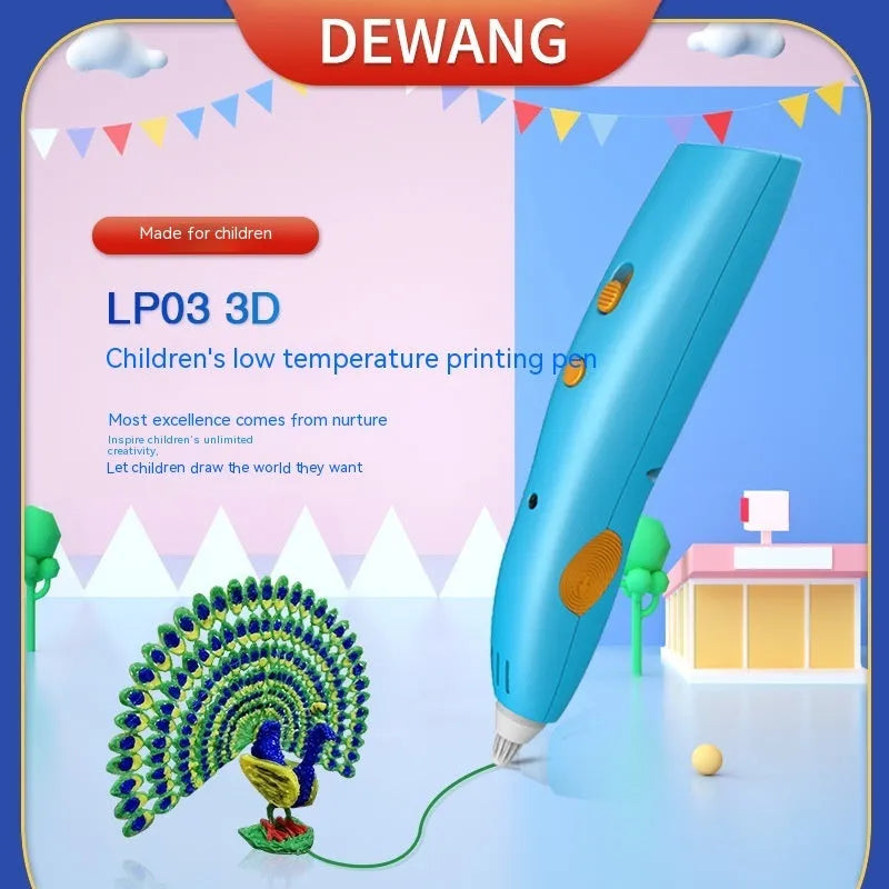 Wireless 3D printing pen for children in blue on white background, 142x29x26mm plastic design