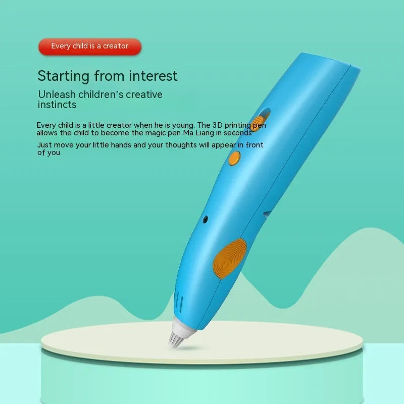 Wireless 3D printing pen for children in blue on white background, 142x29x26mm plastic design