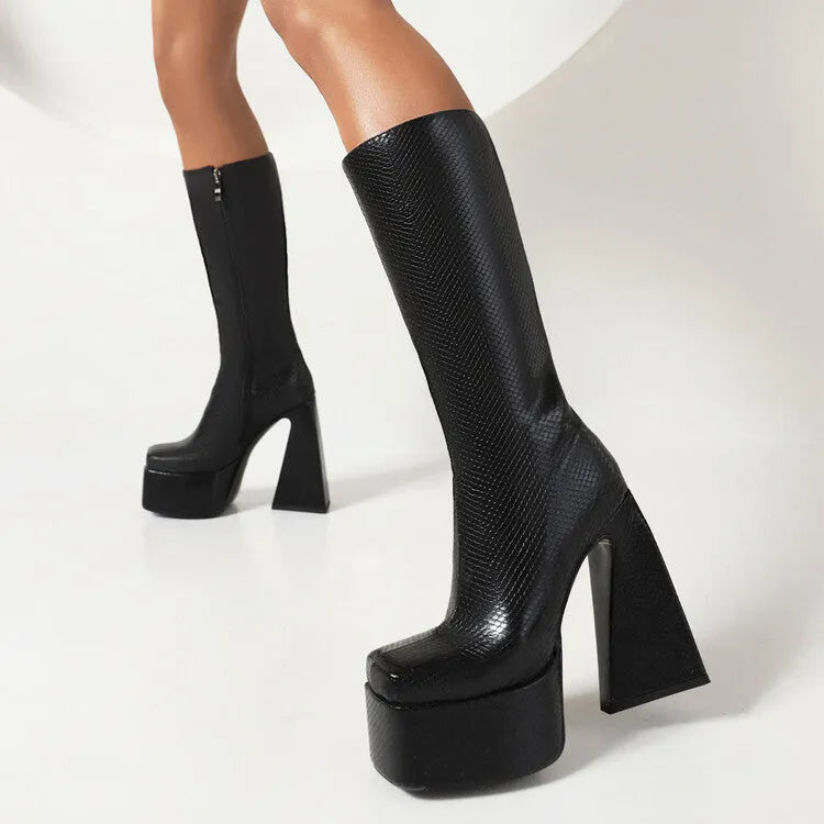 Women's black casual high boots with a PU leather upper, shown alongside red, blue, and white colour options.