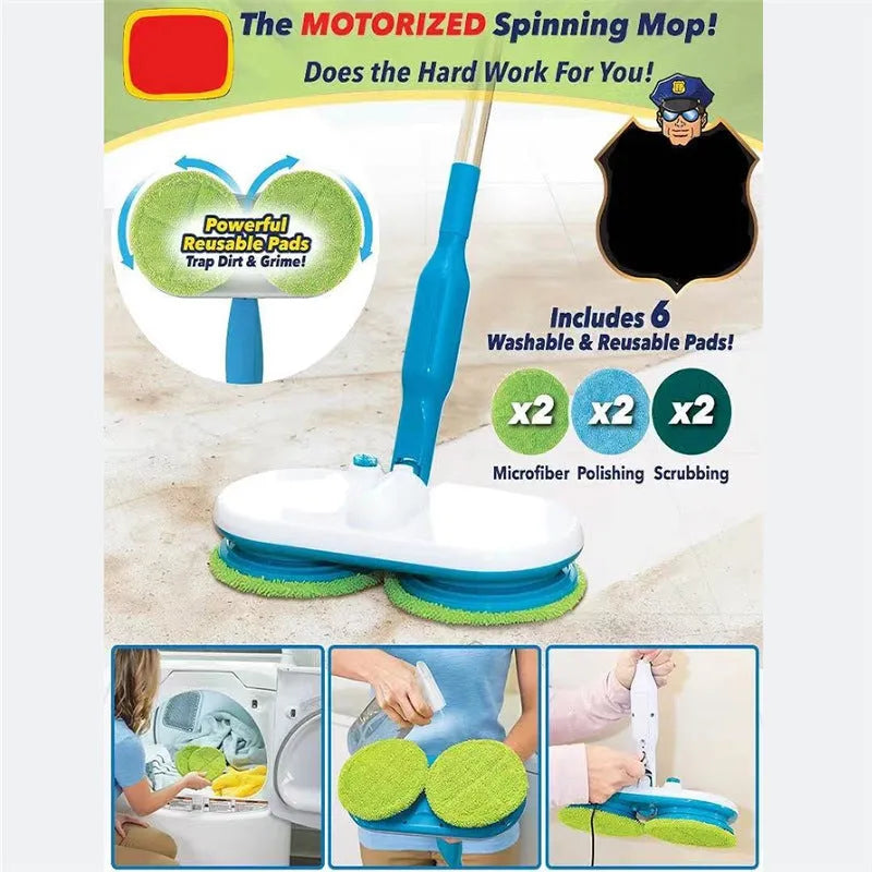 Handheld cordless electric floor cleaning mop with USB charging port and blue microfiber cloth attached.
