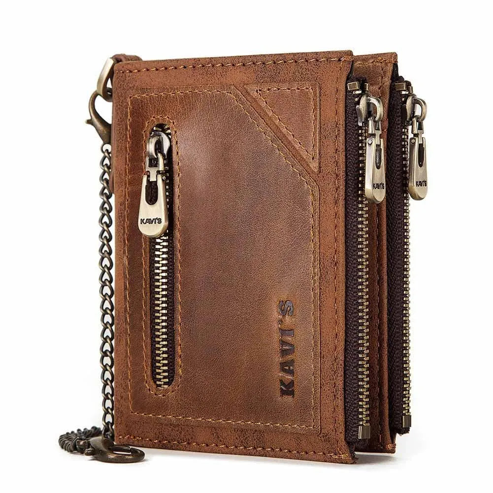 Dark brown men's leather wallet with chain detail showing RFID-blocking protection