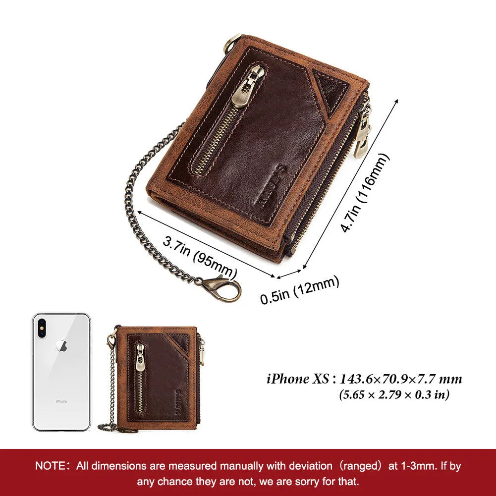 Dark brown men's leather wallet with chain detail showing RFID-blocking protection