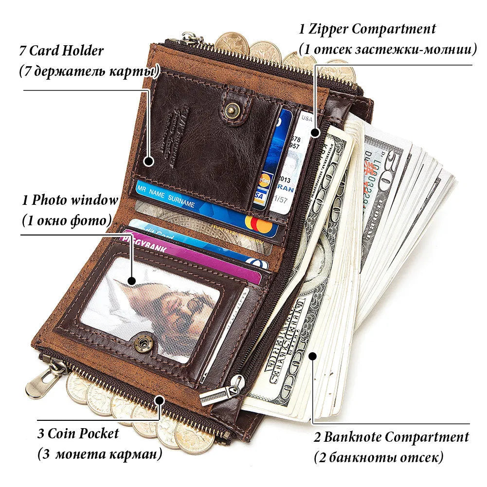 Dark brown men's leather wallet with chain detail showing RFID-blocking protection