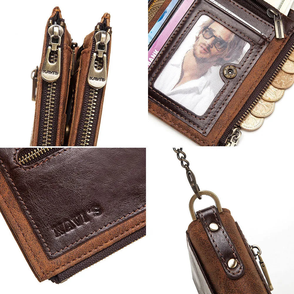 Dark brown men's leather wallet with chain detail showing RFID-blocking protection
