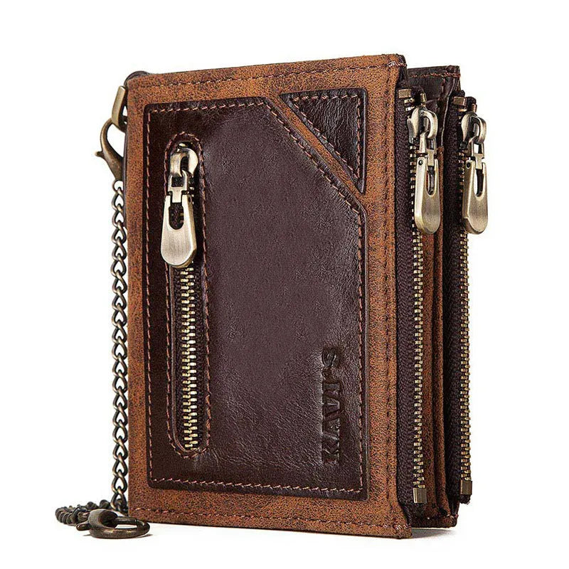Dark brown men's leather wallet with chain detail showing RFID-blocking protection