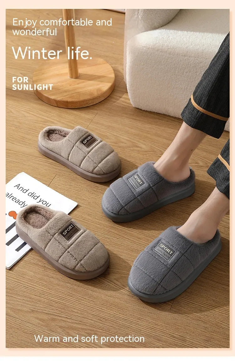 Men's plaid grey rabbit-hair winter slippers with a thick EVA sole