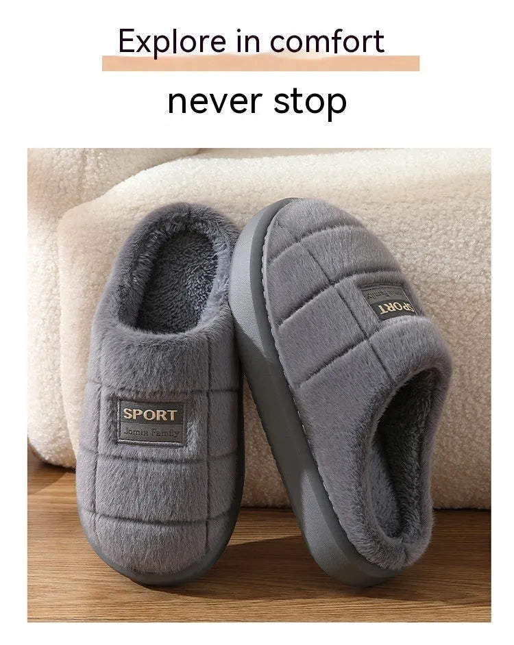 Men's plaid pattern winter slippers with rabbit hair upper and brown colourway.