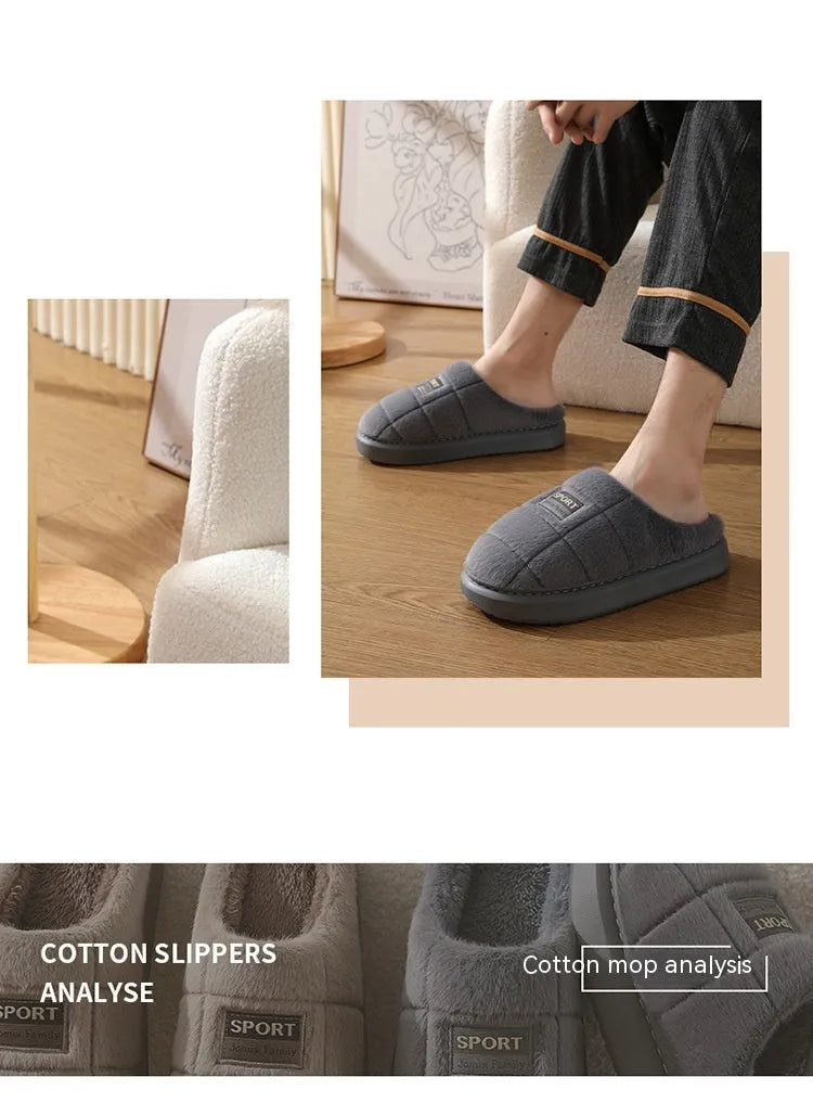 Men's plaid grey rabbit-hair winter slippers with a thick EVA sole