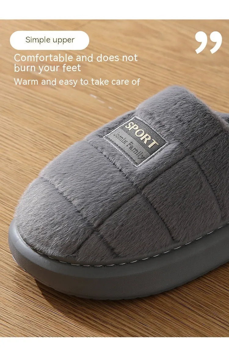Men's grey and brown plaid winter slippers with a thick wool lining and a textured waterproof sole.