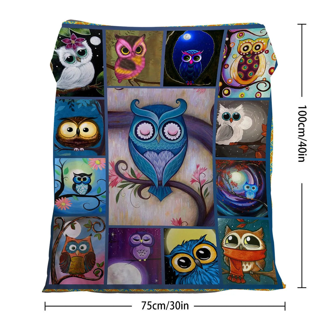 Flannel owl pattern soft fluffy multicoloured blanket in three sizes on a sofa setting