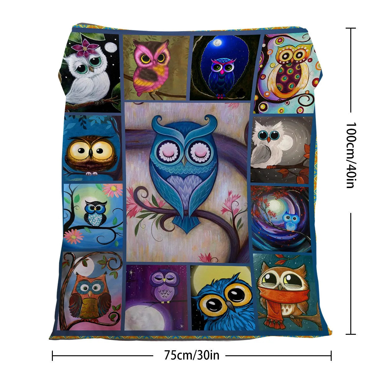 Flannel owl pattern soft fluffy multicoloured blanket in three sizes on a sofa setting