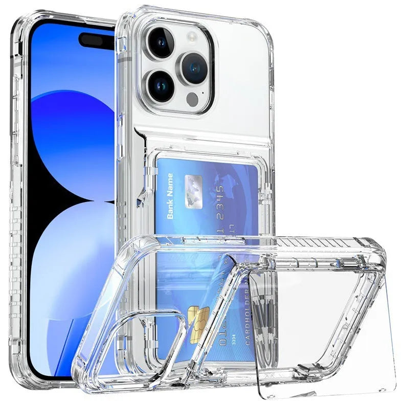 Transparent phone case with flip card holder for iPhone and Samsung S23, shockproof TPU PC cover