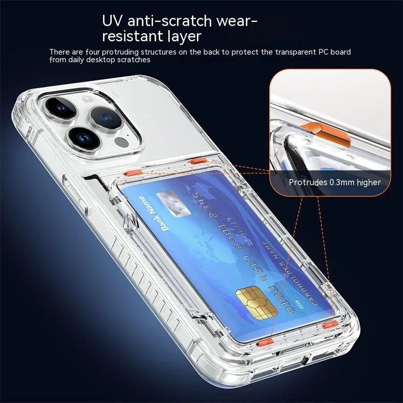 Transparent phone case with flip card holder for iPhone and Samsung S23, shockproof TPU PC cover