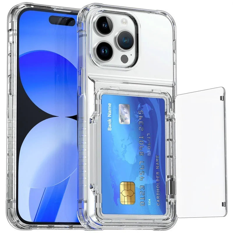 Transparent phone case with flip card holder for iPhone and Samsung S23, shockproof TPU PC cover