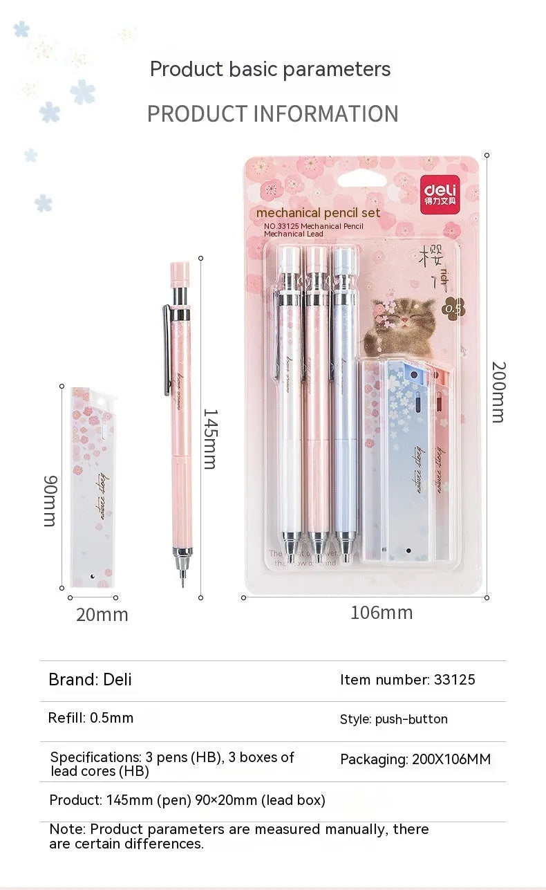 Mixed colour cartoon style 0.5mm automatic pencil set with three pencils and three boxes of HB refills.
