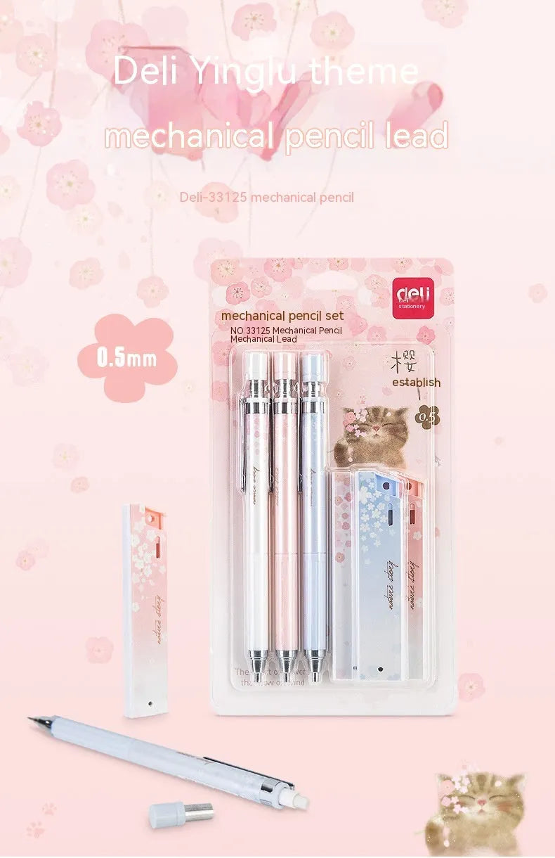 Mixed colour cartoon style 0.5mm automatic pencil set with three pencils and three boxes of HB refills.