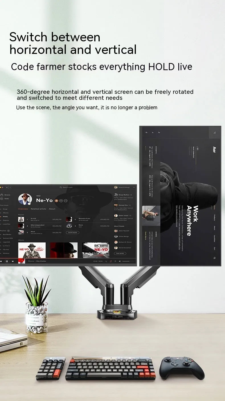 Black dual screen monitor bracket with adjustable height desk clamp for VESA 75-100mm mounting patterns