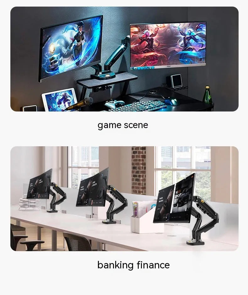 Black dual screen monitor bracket with adjustable height desk clamp for VESA 75-100mm mounting patterns