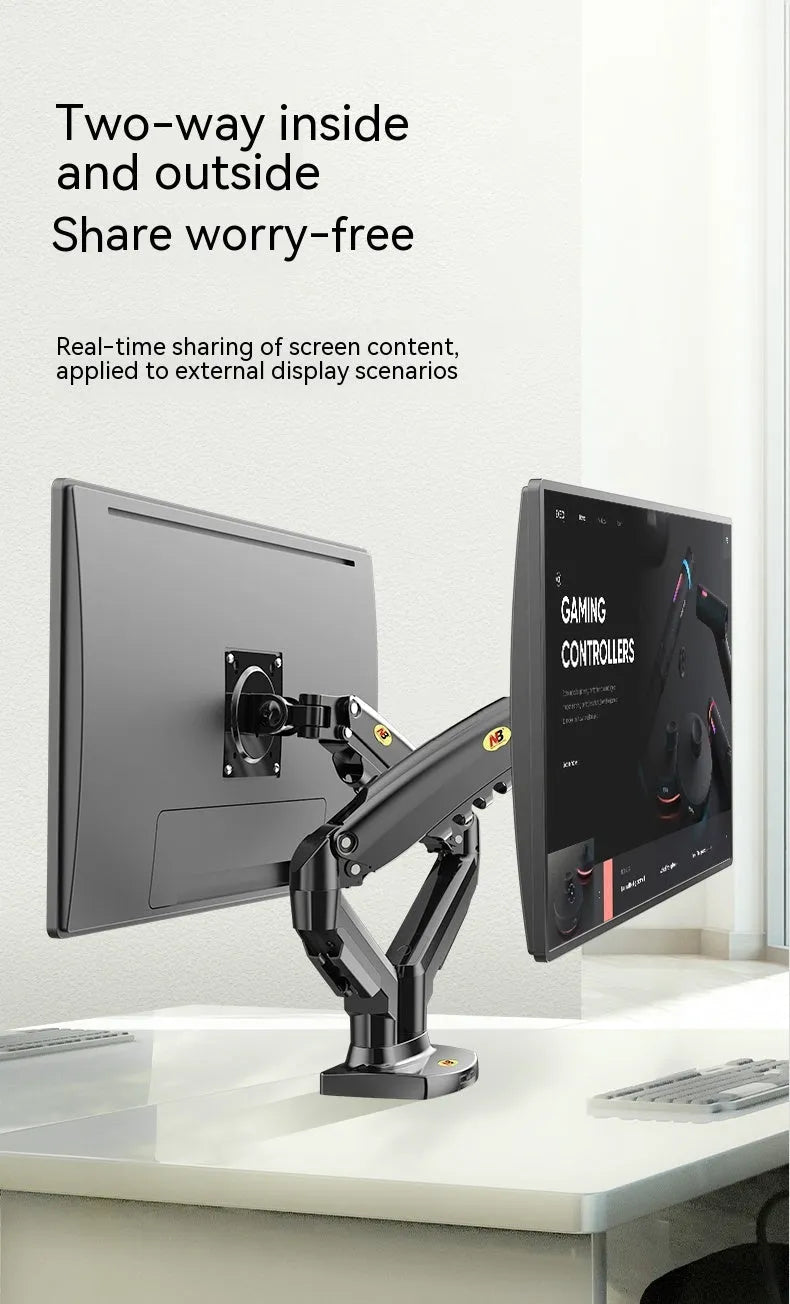 Black dual screen monitor bracket with adjustable height desk clamp for VESA 75-100mm mounting patterns