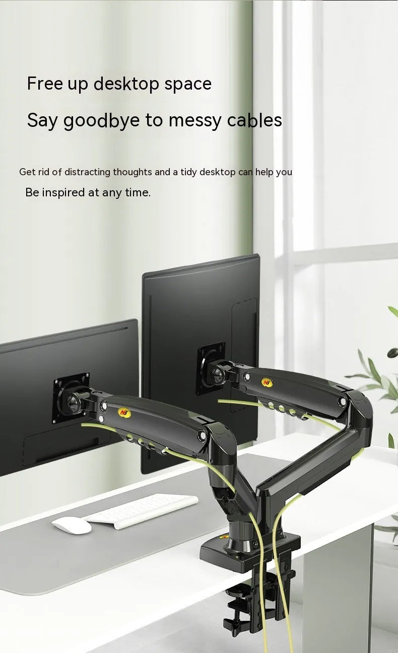 Black dual screen monitor bracket with adjustable height desk clamp for VESA 75-100mm mounting patterns