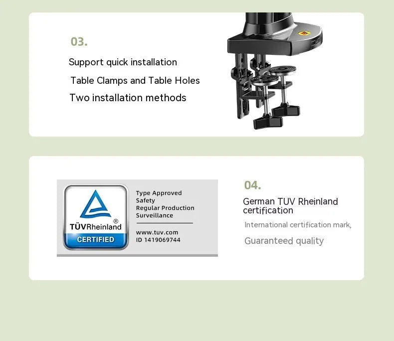 Black dual screen monitor bracket with adjustable height desk clamp for VESA 75-100mm mounting patterns