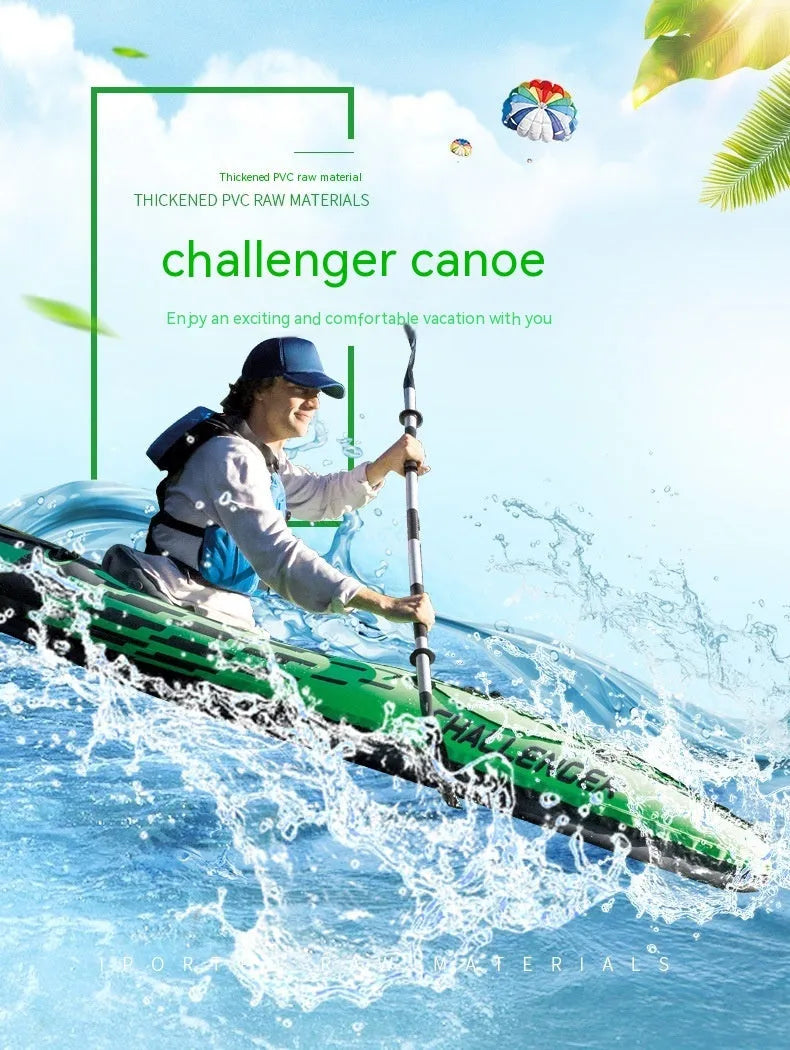 Inflatable two person kayak with PVC hull, double seat, air pump and paddle, 180kg capacity