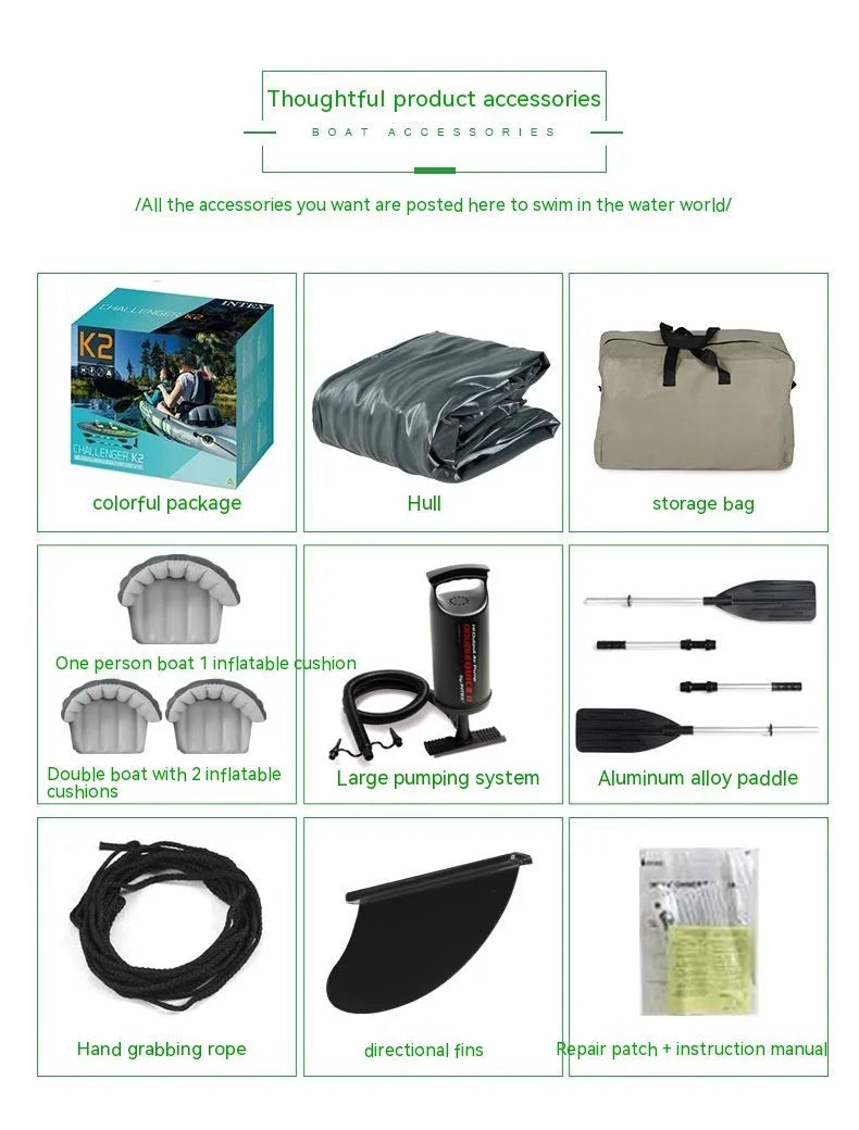 Inflatable two person kayak with PVC hull, double seat, air pump and paddle, 180kg capacity