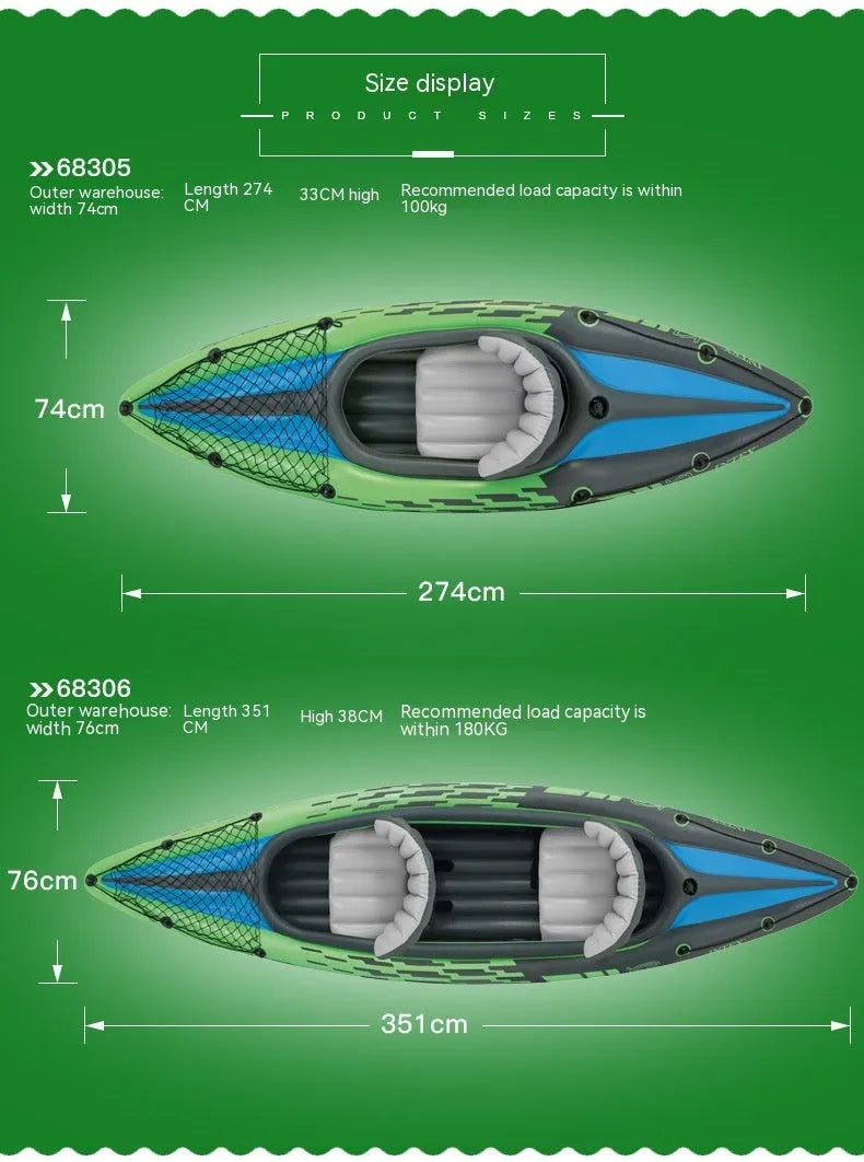 Inflatable two person kayak with PVC hull, double seat, air pump and paddle, 180kg capacity