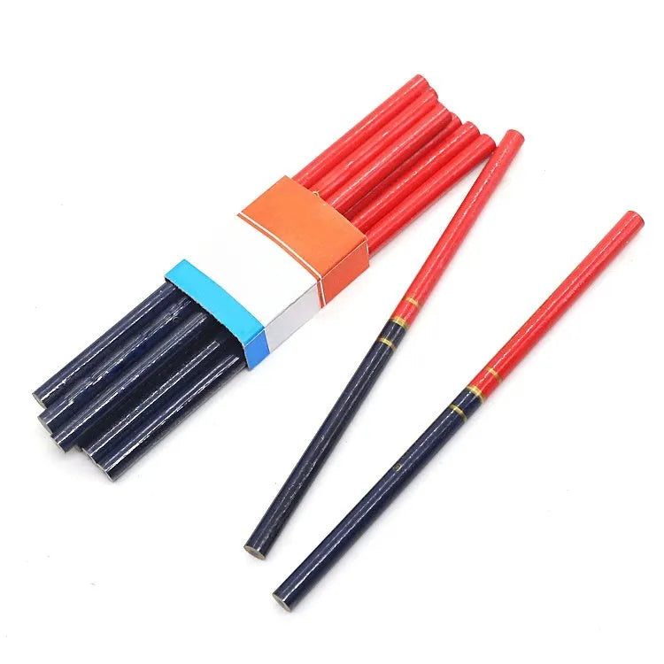 Red and blue two-colour carpenter's pencils with round wooden construction