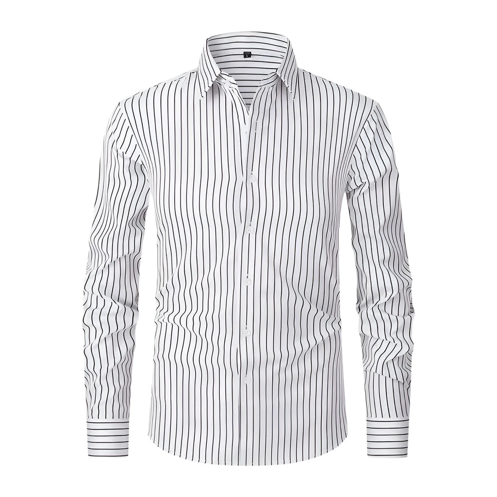 Man wearing a slim fit striped long sleeve cardigan shirt in blue and white.