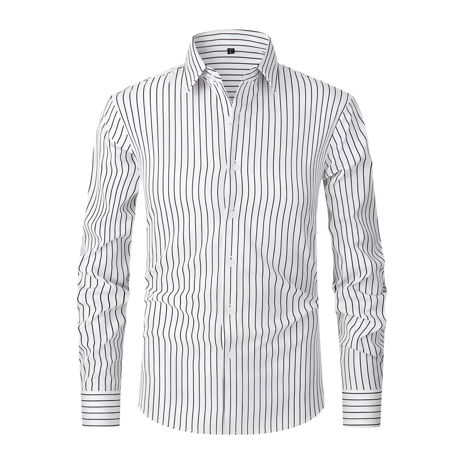 Man wearing a slim fit striped long sleeve cardigan shirt in blue and white.