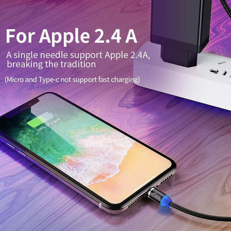 Magnetic USB data cable with interchangeable heads for iPhone Android Type-C devices in three lengths