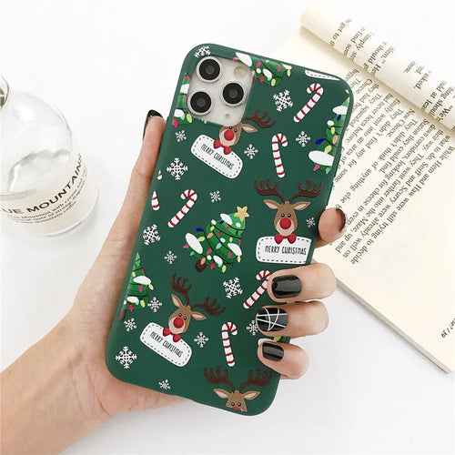 Green Christmas elk cartoon iPhone case with striped pattern on TPU back cover