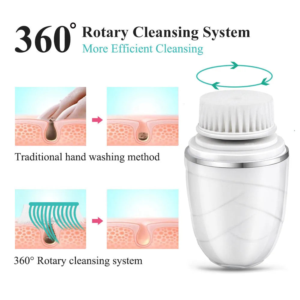 3-in-1 electric facial cleanser with dual speed brush heads and waterproof body in gold, pink, and white