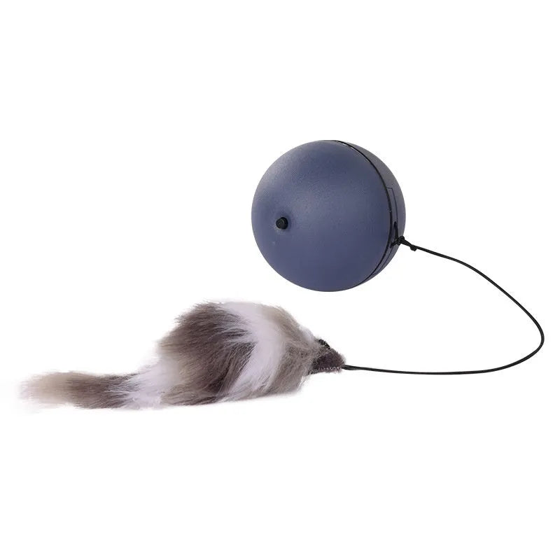 Automatic cat teasing ball toy with plush mouse in blue orange and dark grey colours
