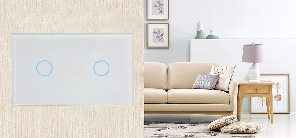 A white 2-gang touch light switch with a tempered glass panel and blue LED indicator light.