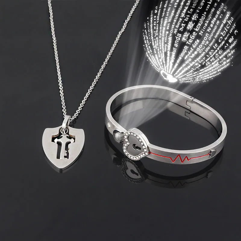 Titanium steel couple love lock bracelet key set necklace in electroplated finish