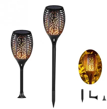 Black solar torch light with stake, 32cm lamp, IP65 waterproof, 96 LEDs for outdoor garden use