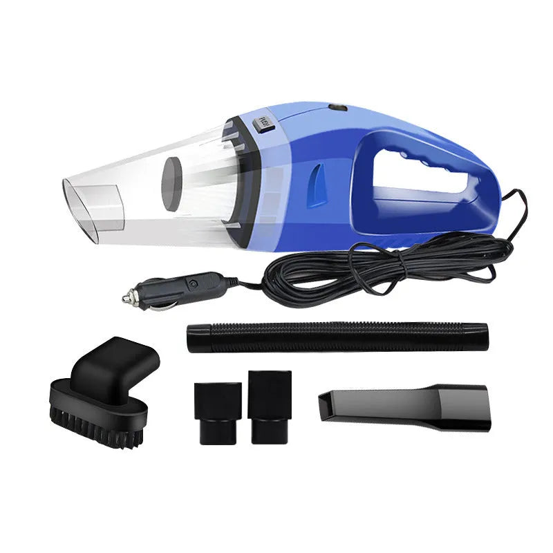 Orange 12V portable handheld car vacuum cleaner with nozzle attachments on a car seat.