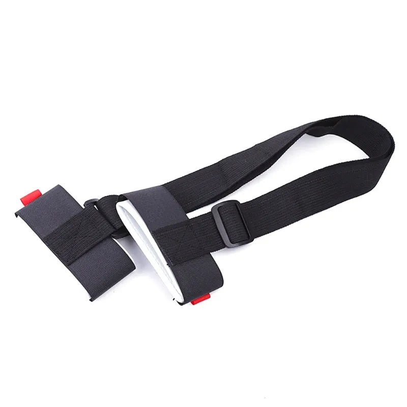 Adjustable nylon skiing handle strap with buckle in black, carried over shoulder