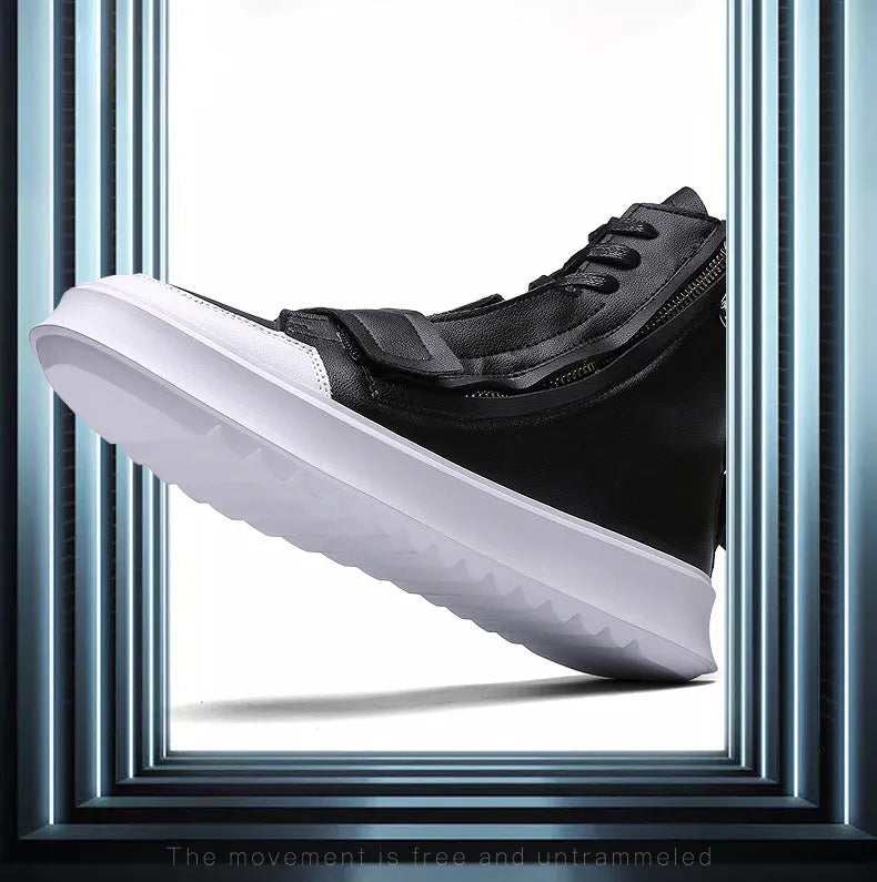 Black and white microfiber men's high-top ankle boots shown with a UK size chart.