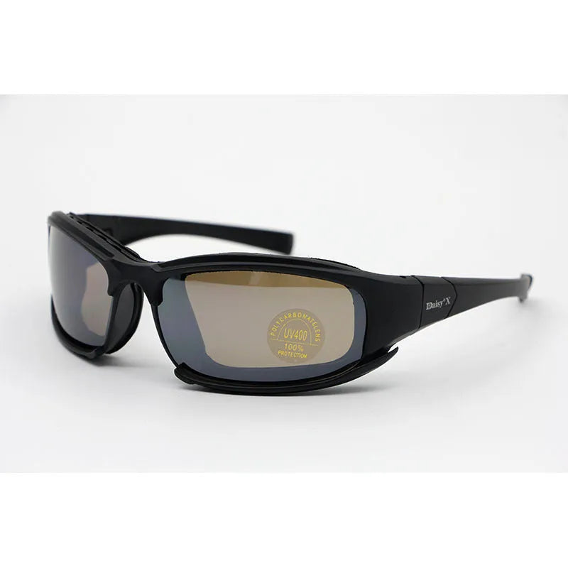Tactical sports riding glasses with full frame PC construction and interchangeable lenses including transparent film