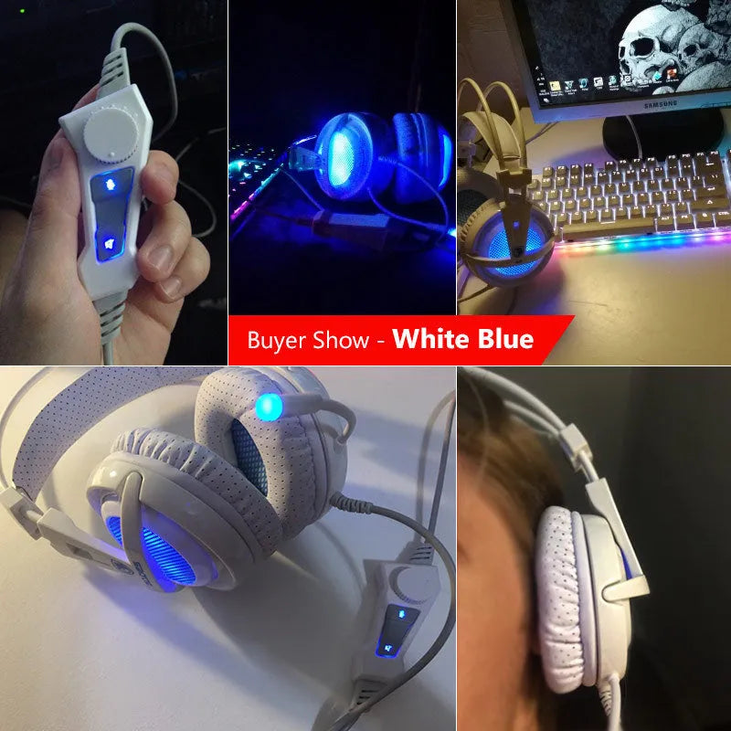 Black and white USB gaming headset with LED lights and padded ear cushions