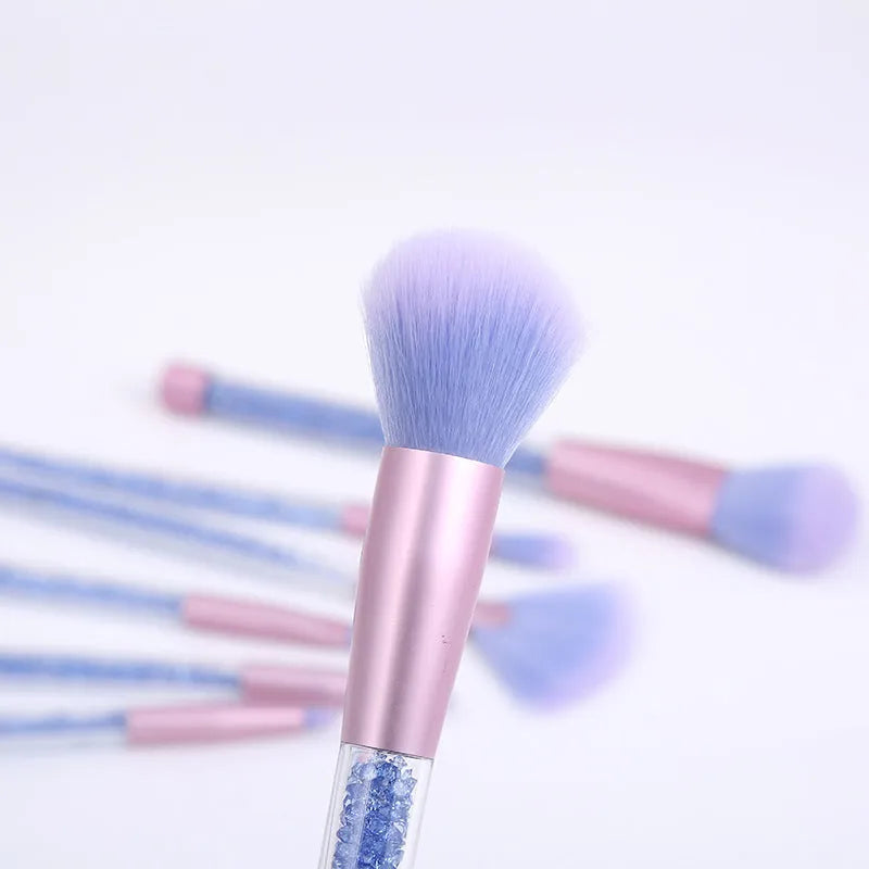 7-piece makeup brush set with rayon bristles, PU tip, long plastic handle, 20cm length, pink colour