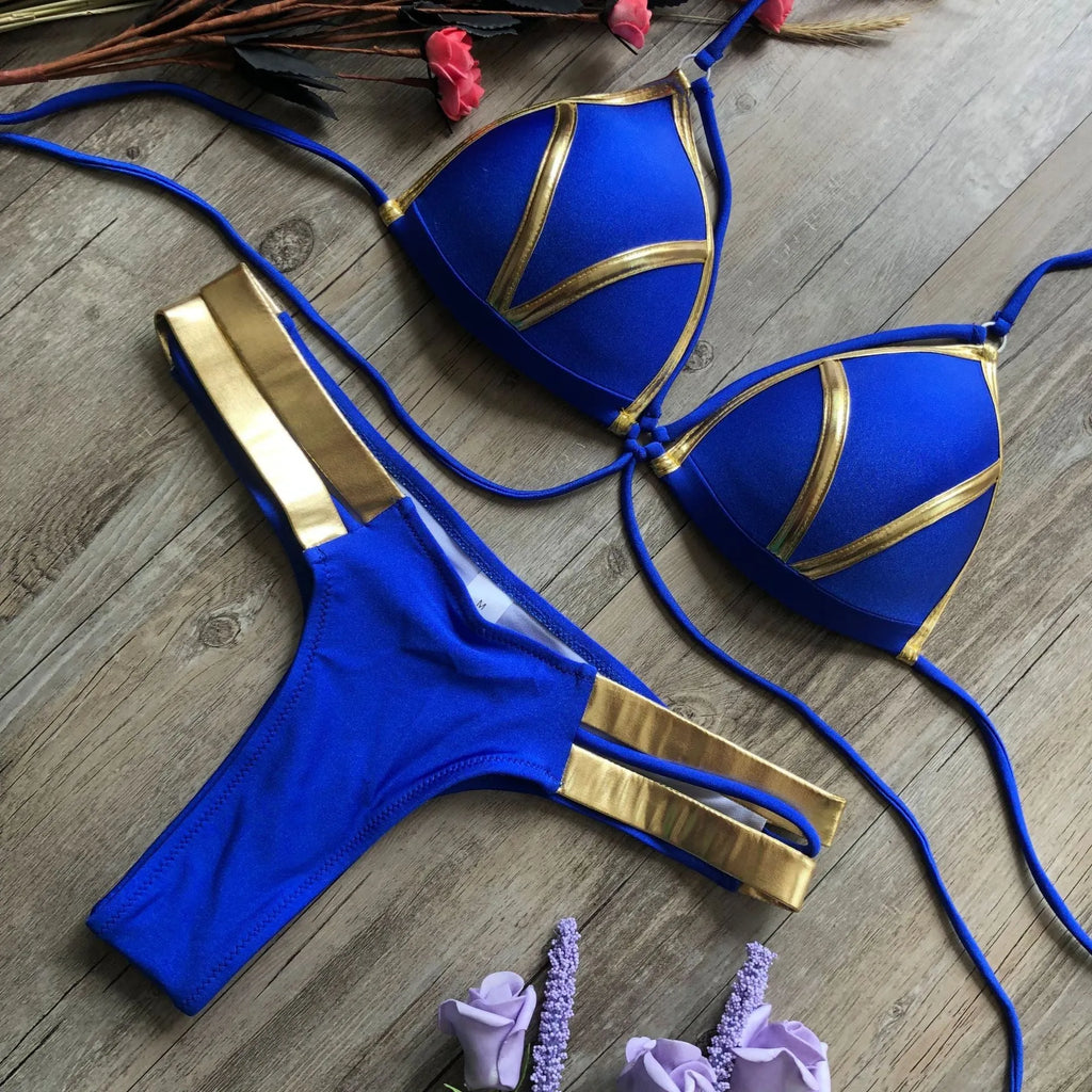Women's bronzing bikini swimsuit in nylon with cotton lining and removable chest pads