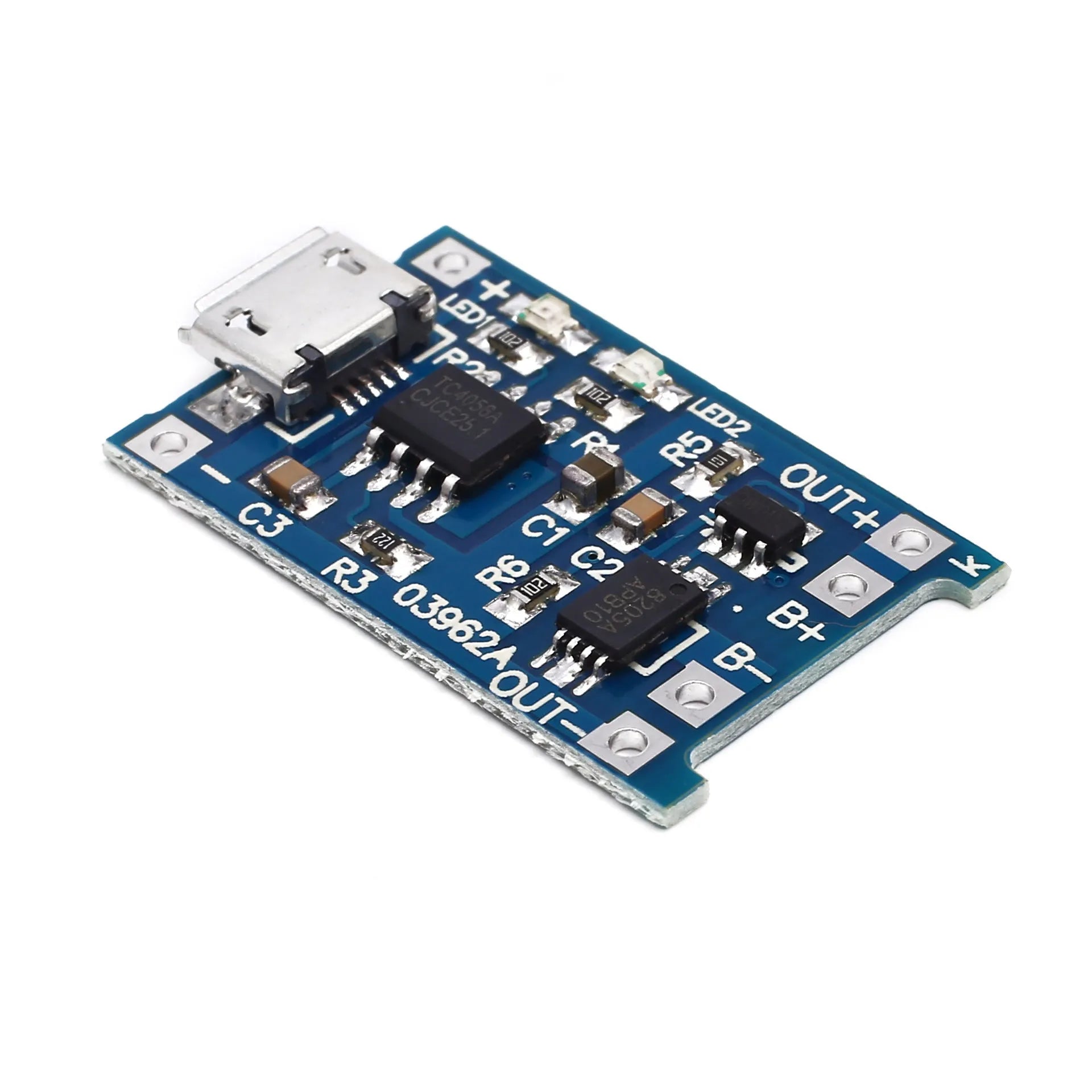 Small blue lithium battery charging and protection circuit board measuring 2.6 by 1.7 centimetres