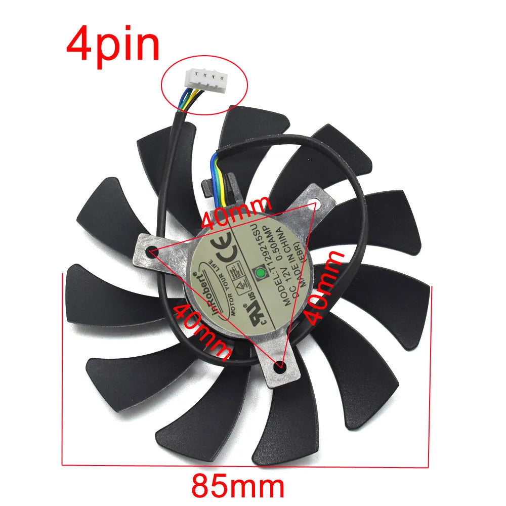 Black 85mm graphics card cooling fan with 4-pin connector and 40mm mounting holes, model T129215SU by inRobert