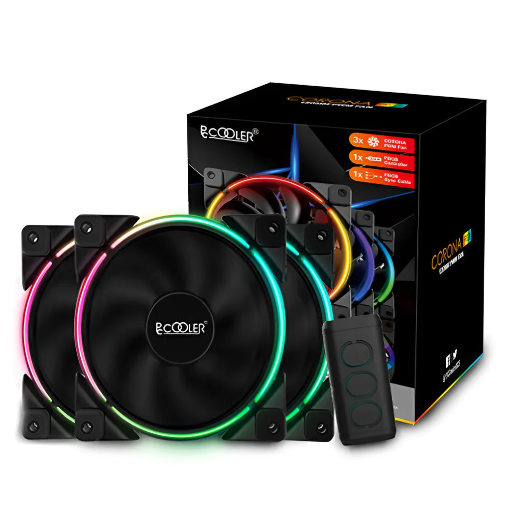 Three black 12 cm RGB PC case fans with illuminated blades