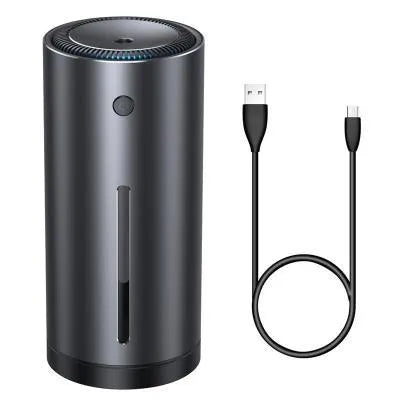 Black aluminium alloy car diffuser humidifier with USB cable, emitting cool mist for vehicle or desktop use.